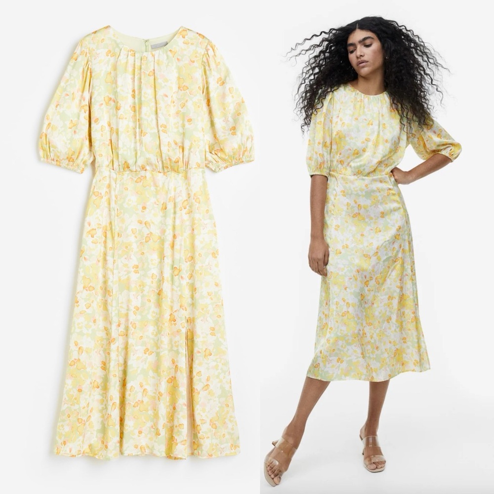 H&M Gathered Floral Puff Balloon Sleeve Satin Midi Dress Yellow Kate Middleton